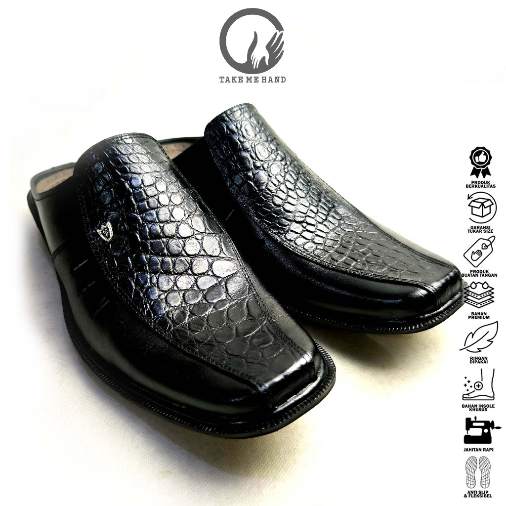 TMH Sepatu Selop Pria KJ-02 Kulit Asli Motif Kulit Buaya