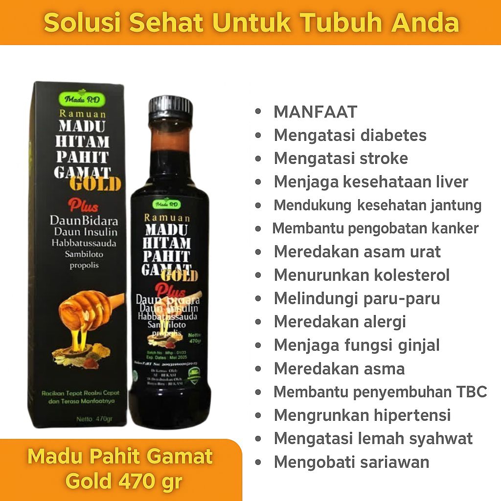 

Madu RD Ramuan Hitam Pahit Gamat Gold 470gr – Herbal dengan Daun Bidara, Propolis, Sambiloto, Mahoni, & Habatussauda untuk Kesehatan Tubuh & Menurunkan Gula Darah Diabetes