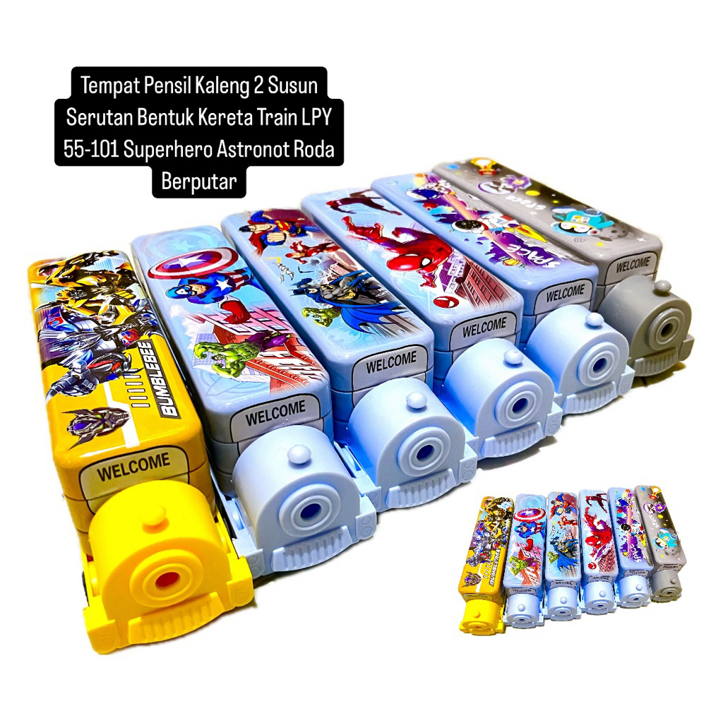 

Tempat Pensil Kaleng 2 Susun Serutan Bentuk Kereta Train LPY 55-101 Superhero Astronot Roda Berputar