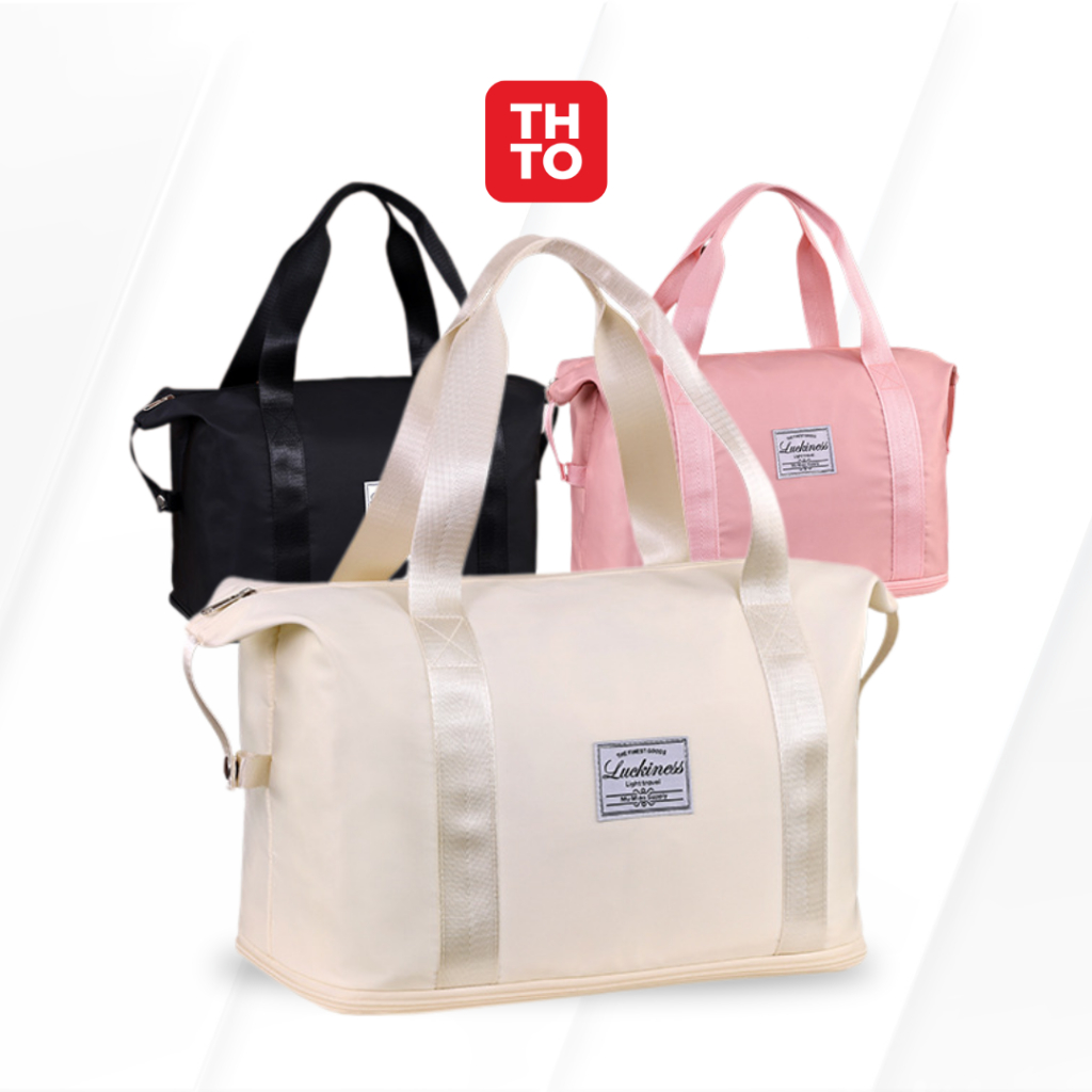 THTO Tas Gym / Tas Travel Olahraga Nylon Hitam Pink Putih - Ukuran Besar - Pria Wanita Unisex A199