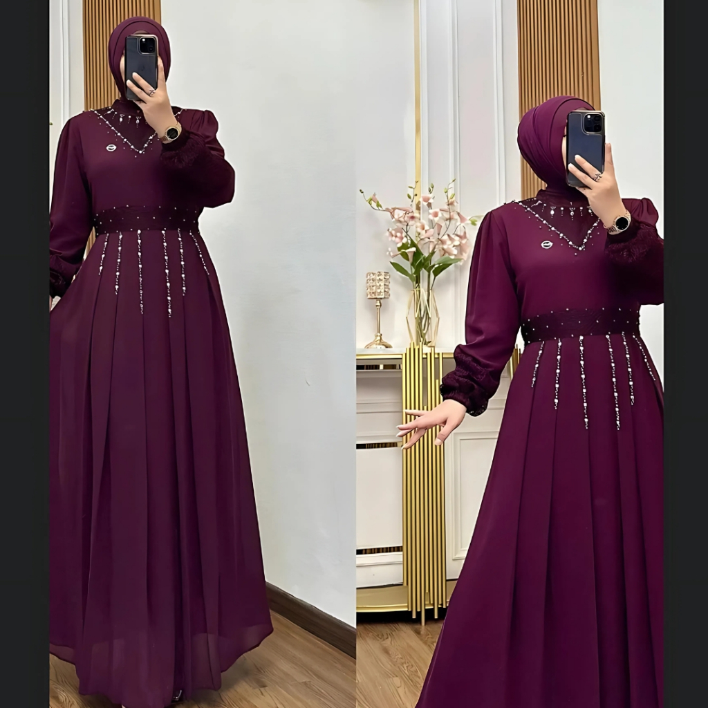 Gamis Burgundy Mewah Elegan Laudya Dress Ceruti Premium Mix Brukat Payet Gaun Pesta Kondangan Modern