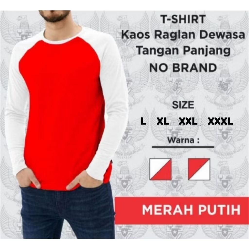 kaos reglan merah putih lengan panjang