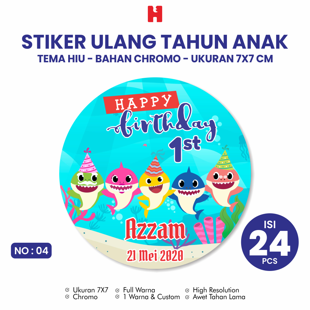 

Stiker Ulang Tahun Anak Tema Hiu Ukuran 7x7 CM Bulat - Isi 24 Pcs