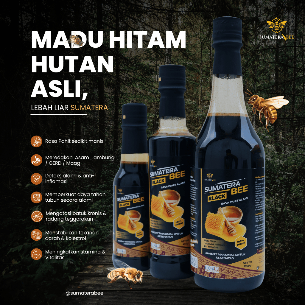 

Madu Hitam Pahit Hutan Asli SumateraBee BLACK – Lebah Liar Nektar Pahit – 315gr 450gr 1000gr