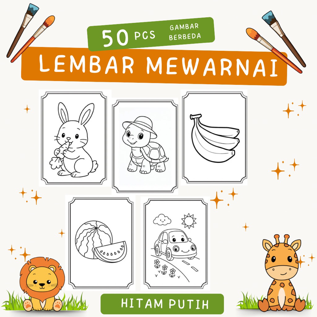 

[Whispers] Isi 50 Pcs / Lembar mewarnai anak / simple mudah / hitam putih / ukuran A5