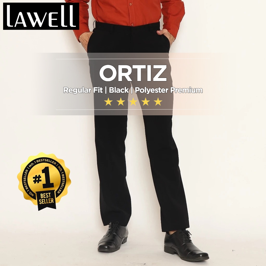 Lawell Celana Panjang Pria Regular Fit Hitam – Celana Kerja Formal Polos Polyester Premium | Ortiz