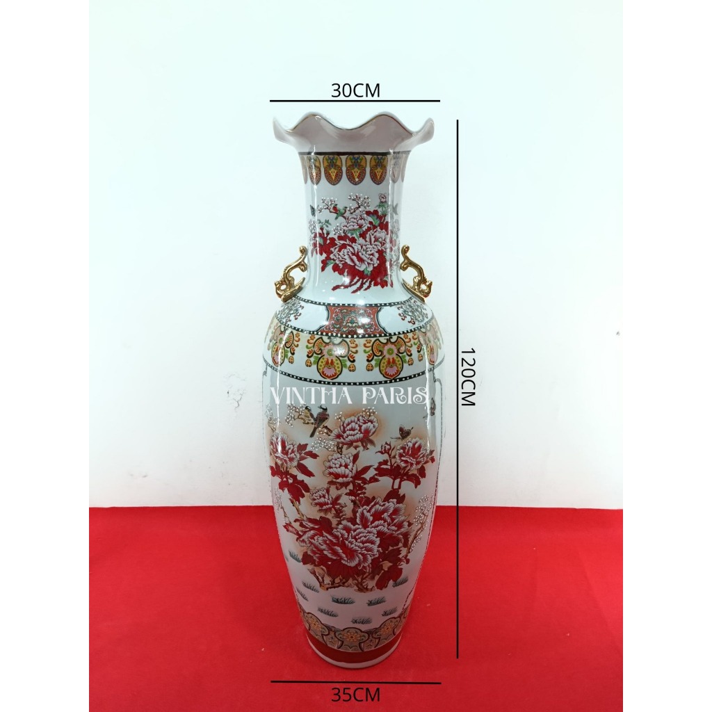 Guci Keramik Putih Mawar Merah & Merak Biru - Pajangan Mewah Interior Rumah - Tinggi 120 cm - GRATIS