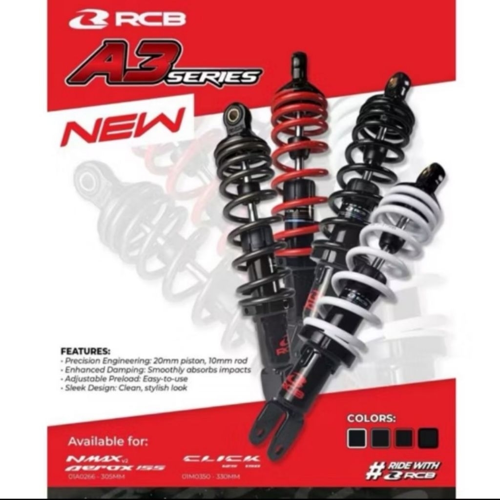 SHOCKBREAKER RCB NON TABUNG A3 SINGLE SHOCK ORIGINAL UKURAN  305MM/330MM  VARIO, BEAT,MIO SCOOPY, FI