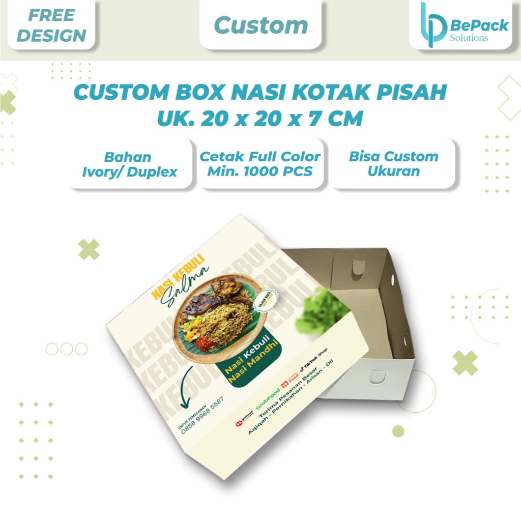 Kotak Nasi Custom uk. 20 x 20 x 7 cm (tutup pisah)/ Cetak Dus Nasi Kotak Full Color