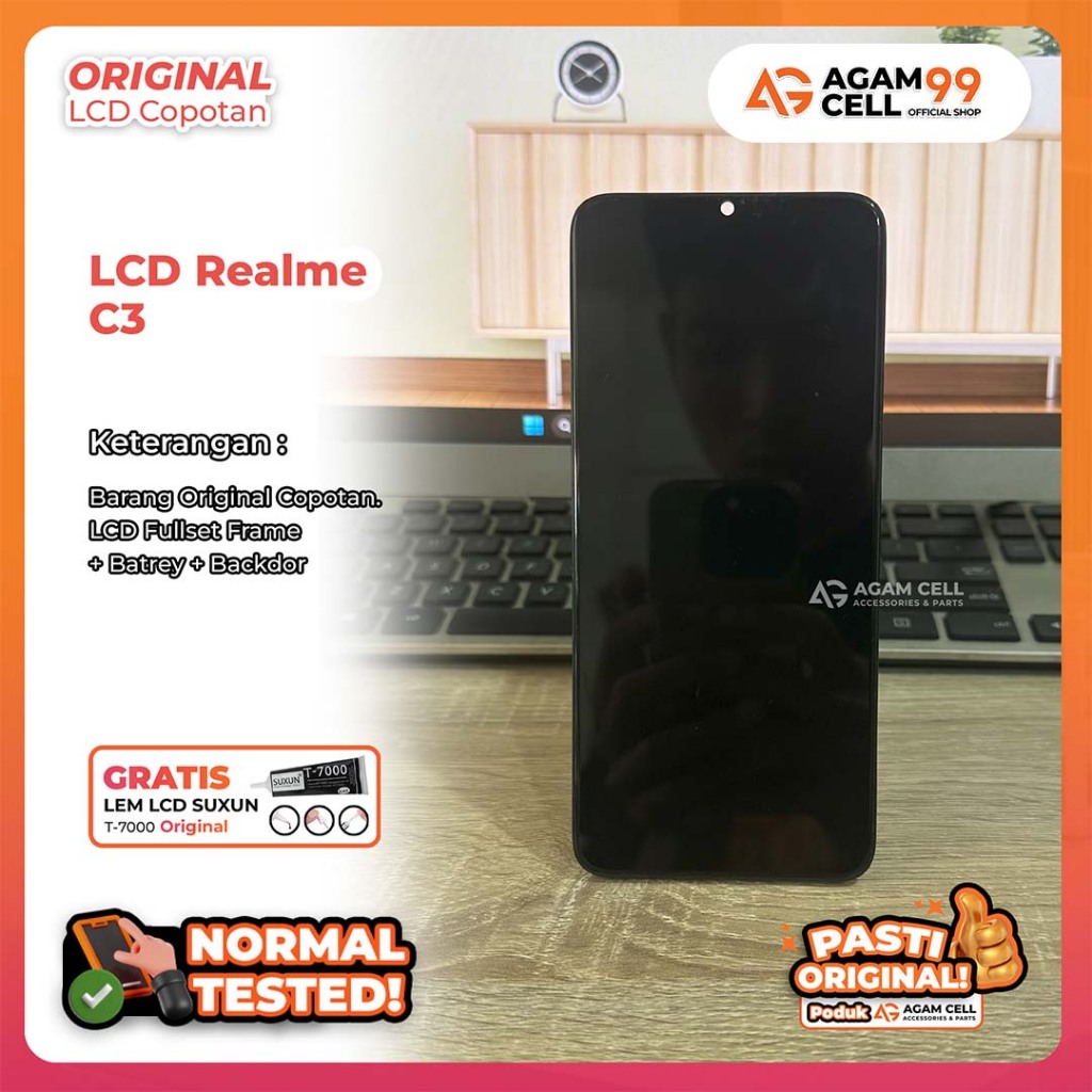 LCD Realme C3 LCD + FRAME + BATRE + BACKDOR  FULLSET Original Copotan Tested