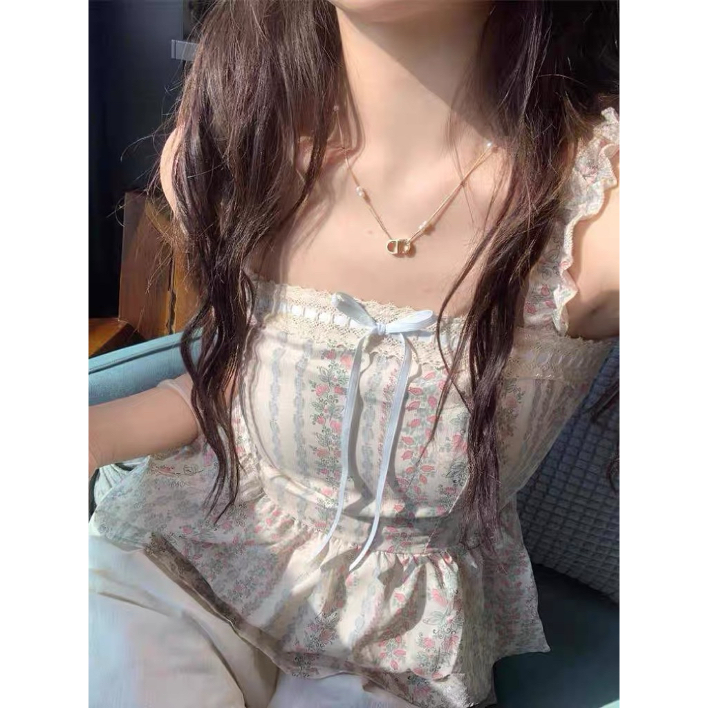 Floral Lace Top | MILKTEAS | Atasan Tank Top Coquette Motif Bunga Floral Fairycore Korean Style Top