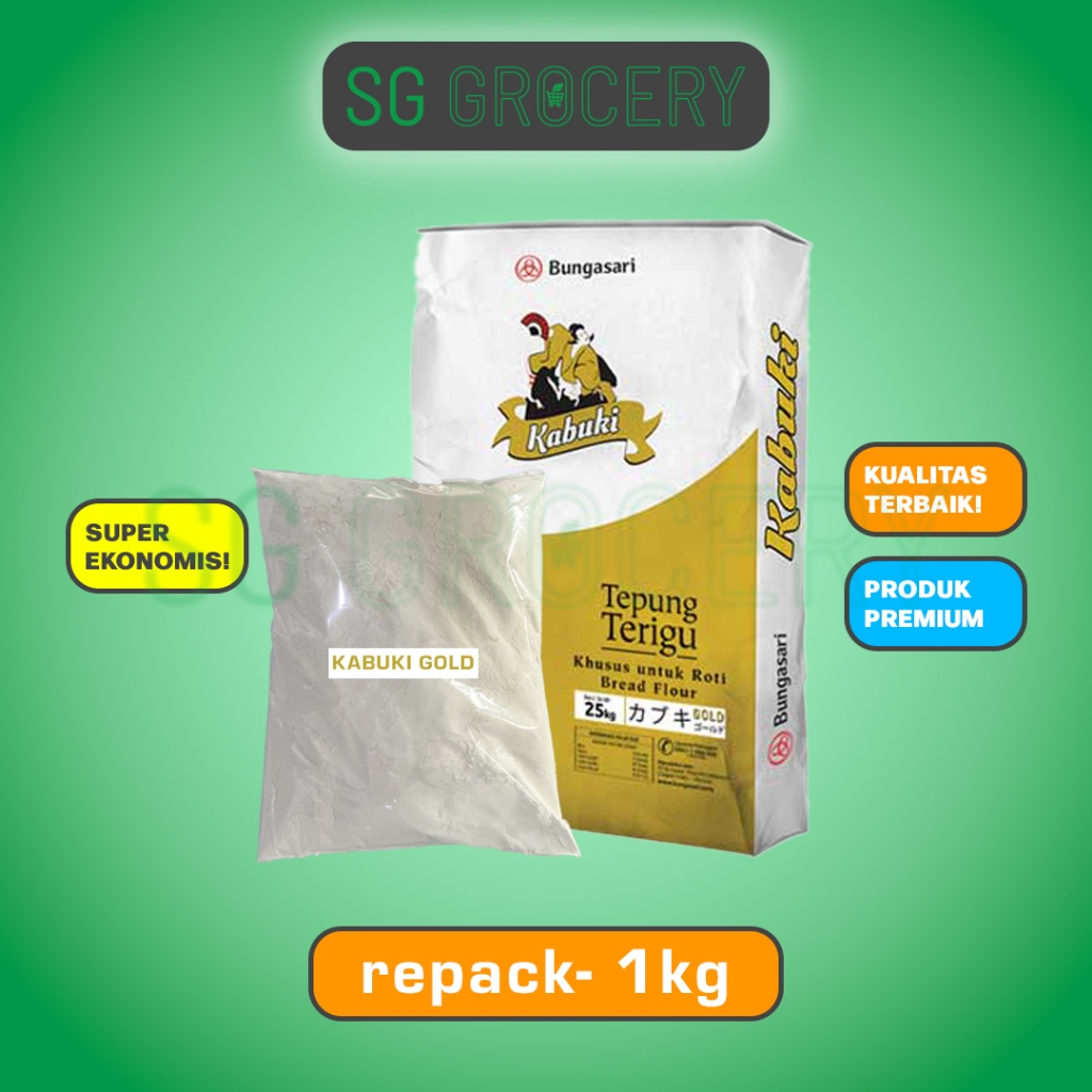 

Tepung Terigu KABUKI GOLD 1kg REPACK - Tepung Terigu premium tinggi protein untuk baking dan mie - TERMURAH!