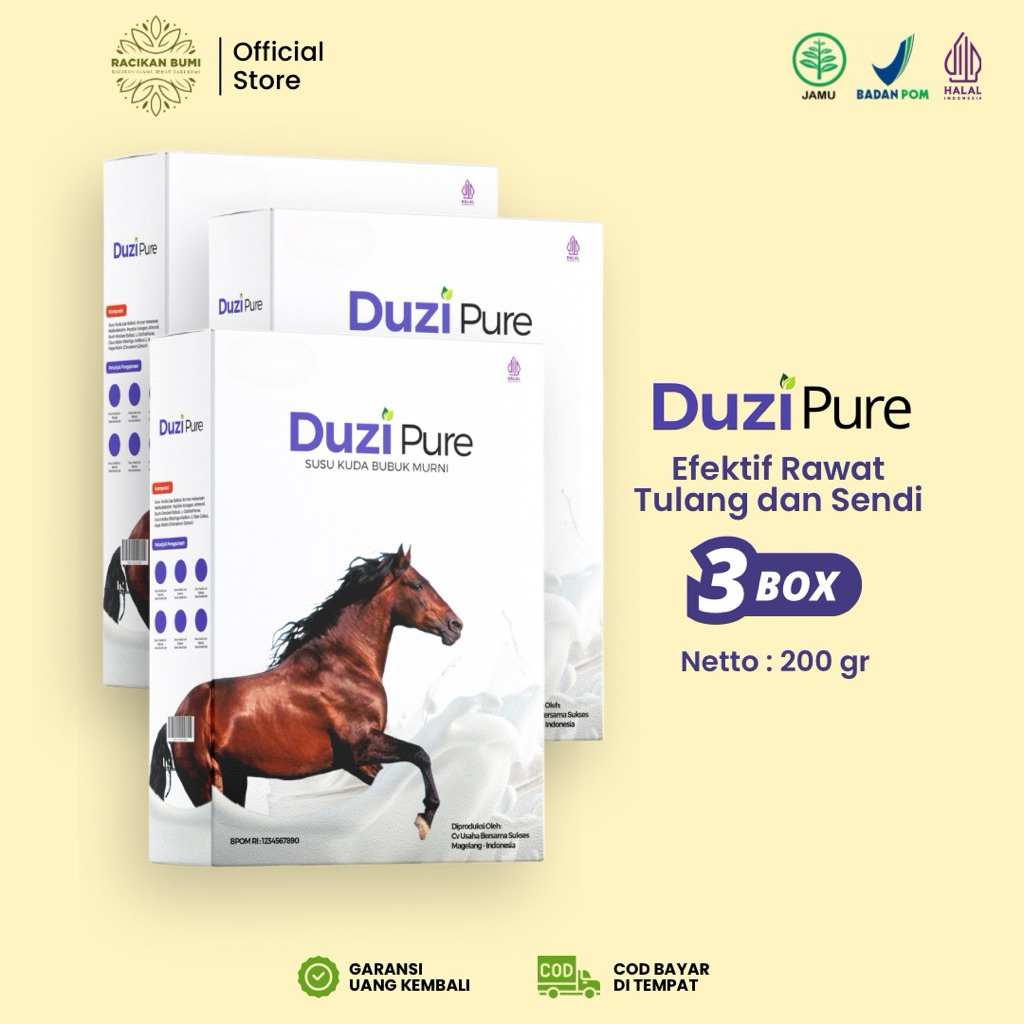 

Duzi Pure Susu Kuda Bubuk – Meningkatkan Stamina, Imun, & Nutrisi Tubuh – 100% Alami & Halal Paket 3 Box