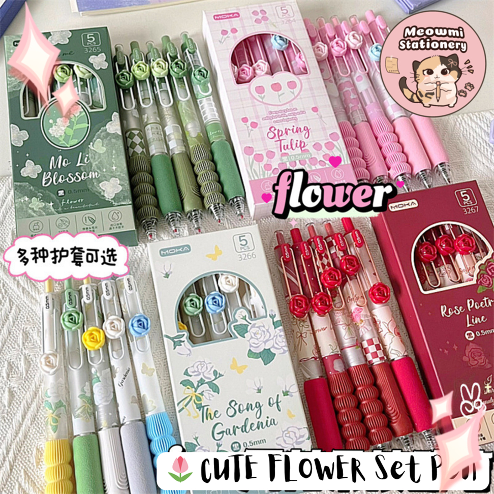 

5pcs Pulpen Mekanik Motif Bunga Flower Soft Grip Anti Stress Tip ST Tinta Hitam PN0396