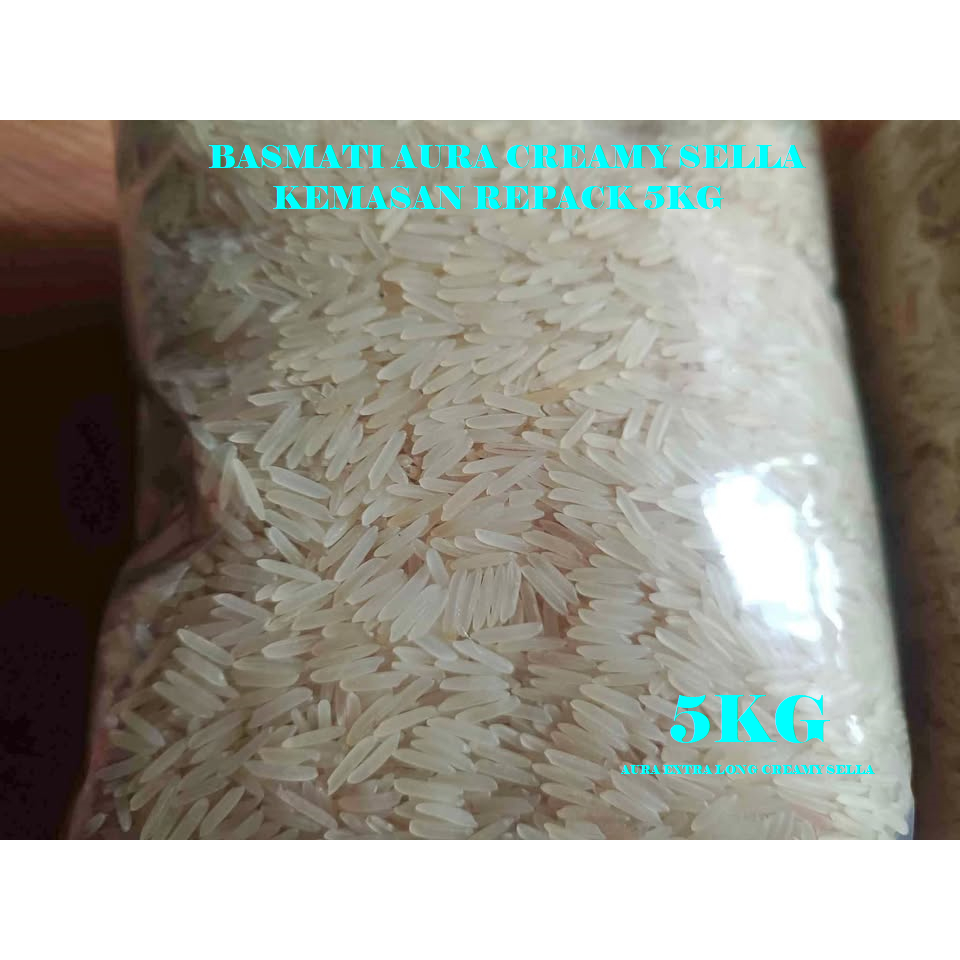 

Beras basmati AURA Extra Long Creamy Sella Kemasan Repack 5kg Best Quality