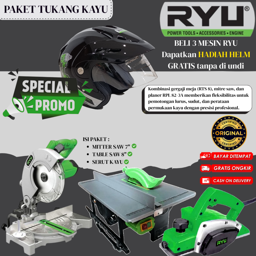 Paket Mesin Mitter Saw 180 Mesin Pemotong Alumunium Mesin Tabel Saw Mesin Planner RYU RMS 180 + RTS 