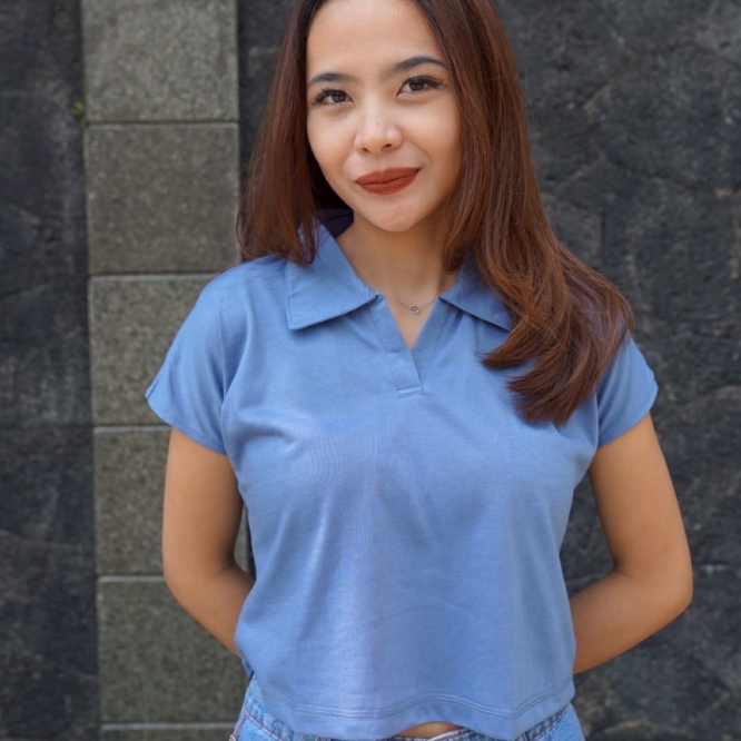 KAOS | BAJU | BAJU KAOS | CROP TOP | BAJU CROP TOP WANITA | CROP TOP KERAH POLO WARNA BIRU | LUXELOO