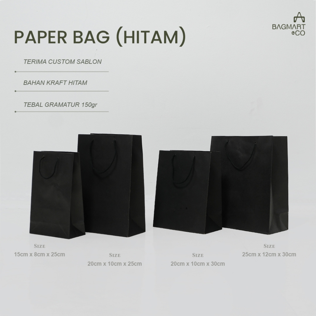 Paper Bag Hitam Polos Special Black 150 Gsm Ukuran Lengkap Suvenir