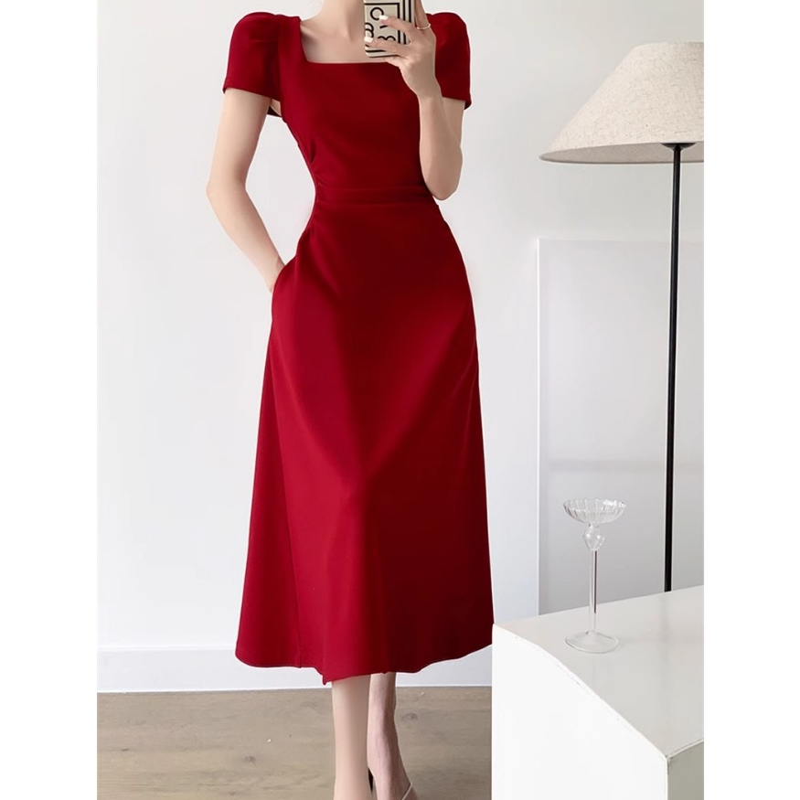 Baju Midi Dress Merah Korean Style Dress Kondangan Wanita Kekinian Simple EleganTerbaru 2025 Dress P