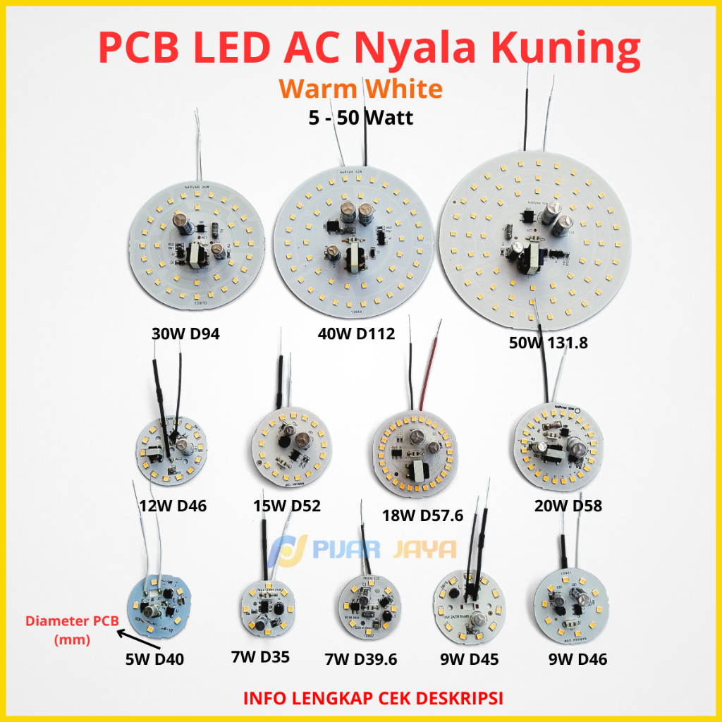 PCB LED AC Nyala Kuning Warm White 3 5 7 9 12 15 18 30 40 50 Watt DOB Mata Modul Mesin Lampu LED AC