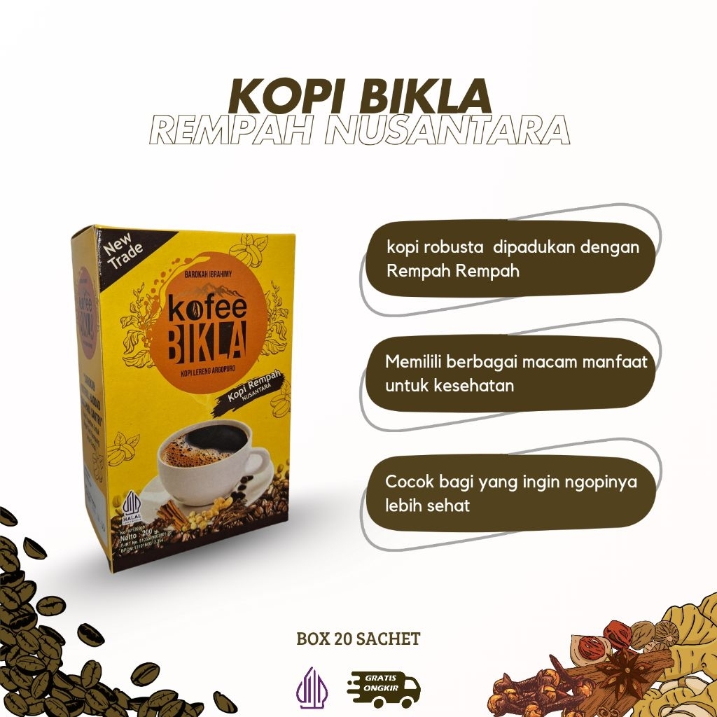 

kopi bikla rempah nusantara. kopi kesehatan, 1 box isi 20 sachet