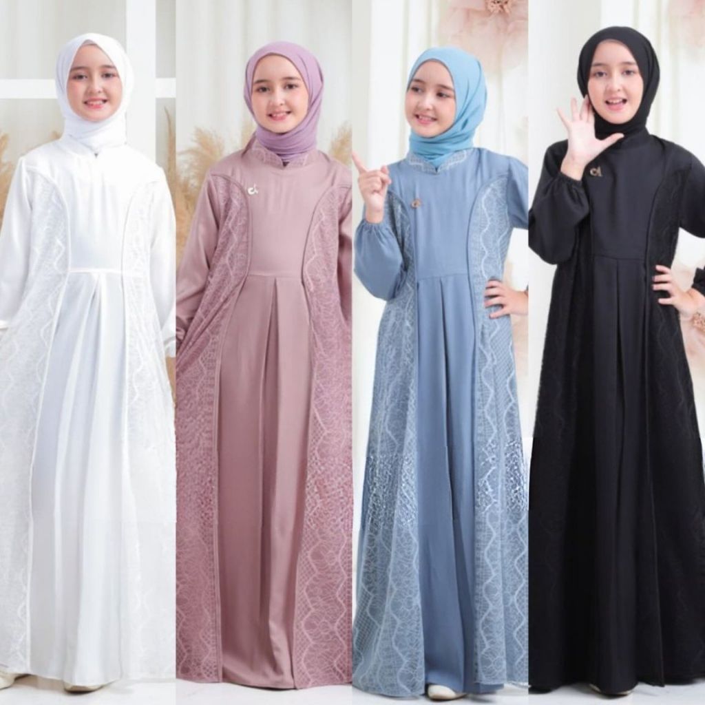 Gamis Anak Remaja Terbaru 2025 6-15 Tahun Crinkle Airflow Mix Brukat Malika Naumi Kids