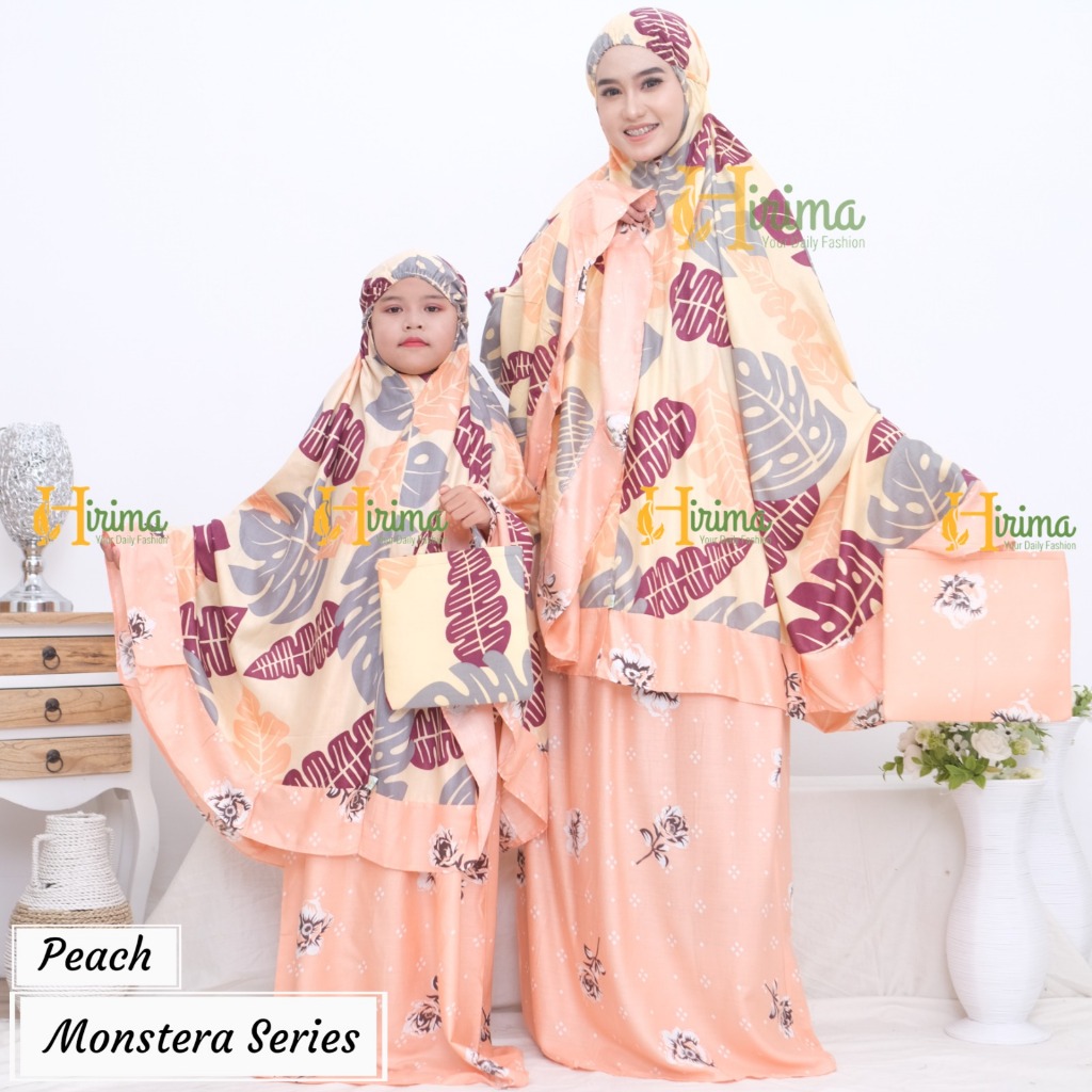 Mukena Ibu Anak Katun Motif Daun Monstera