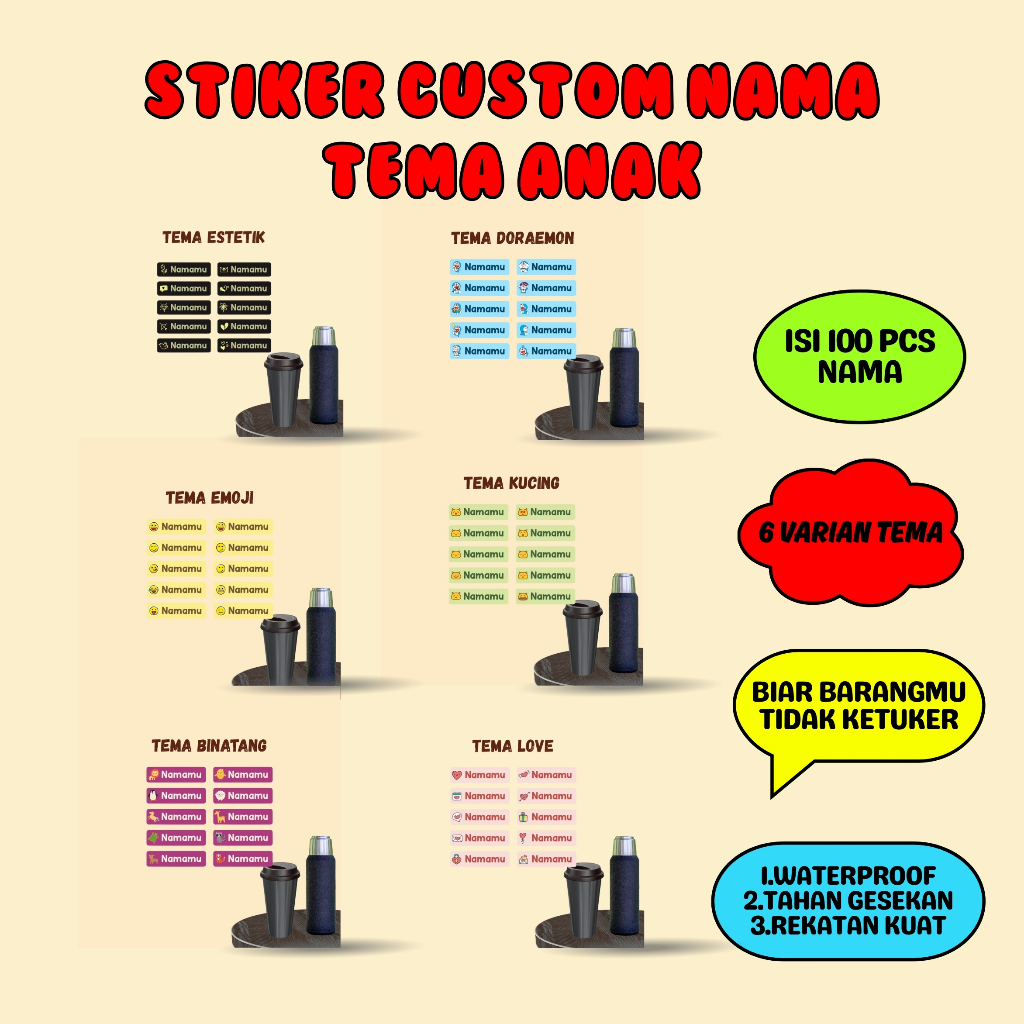

100 PCS Sticker Karakter Custom Nama Sendok Piring Timbul Label Barang Stiker Perabotan Waterproof