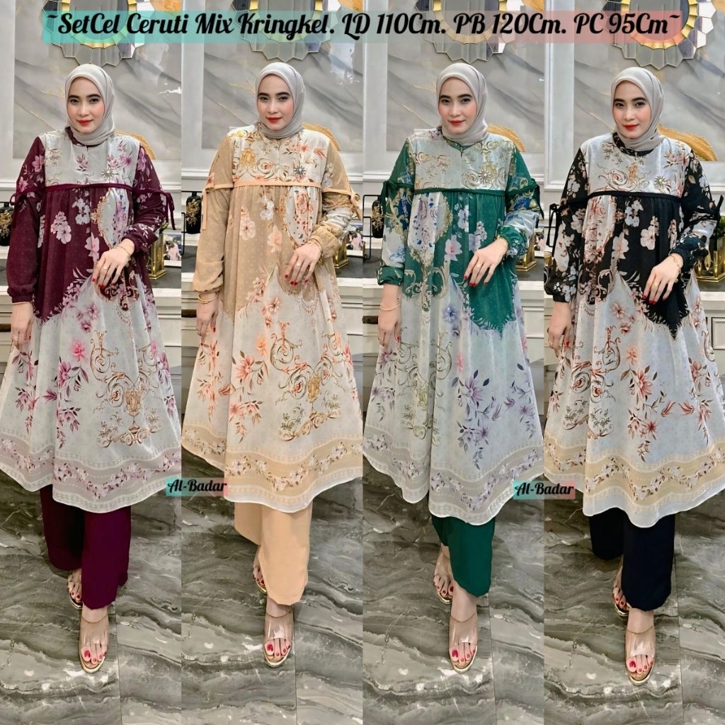Setelan Long Tunik Bahan Ceruty Mix Kringkel Ld 110 Cm Pb 120 Cm