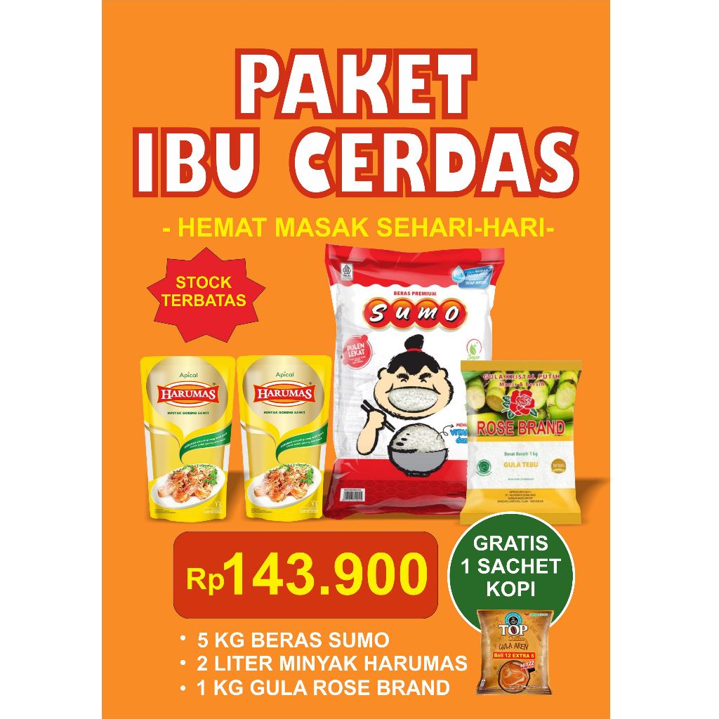 

PAKET IBU CERDAS - MINYAK GORENG HARUMAS 1L - BERAS SUMO MERAH 5KG- GULA ROSE BRAND 1 KG- PAKET IBU CERDAS ANTI KERING DOMPET