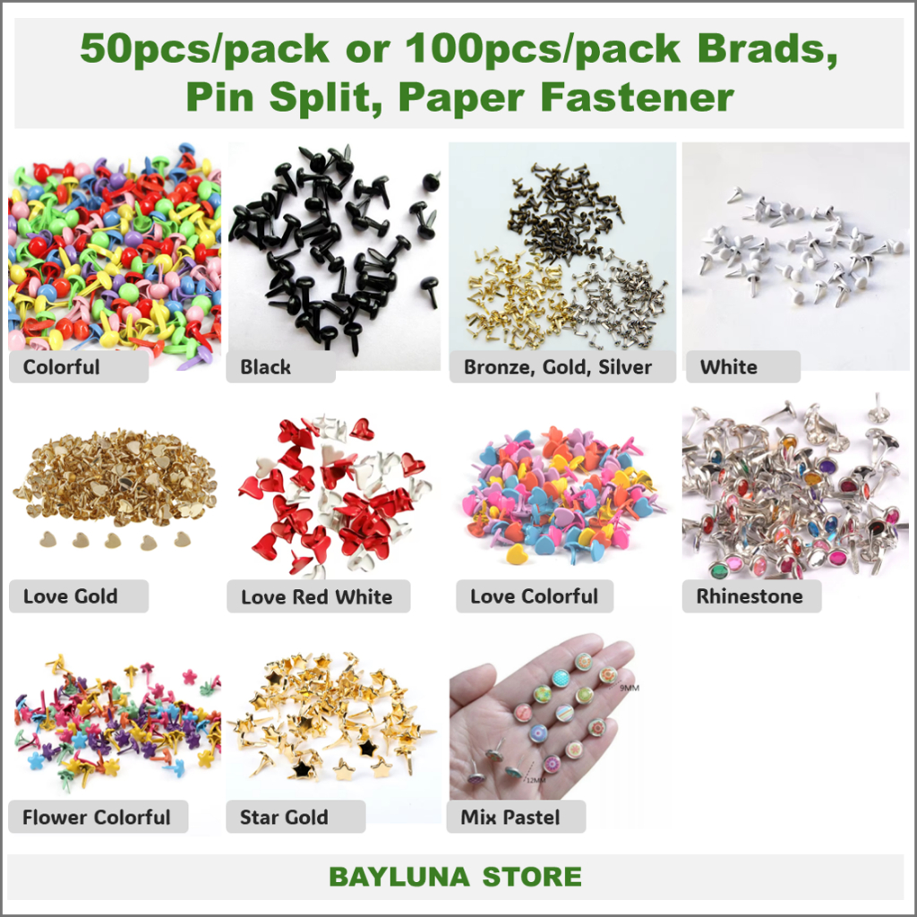 

BYL 50pcs/pack or 100pcs/pack Brads, Pin Split, Paper Fastener Colorful, Gold, Silver, Bronze, Black, etc.