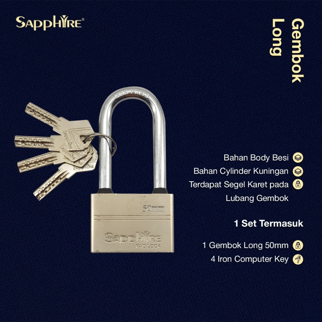 Sapphire Gembok Long 50mm Gembok Rumah Gembok Pagar Leher Hardened Anti Maling Anti Potong & Gergaji