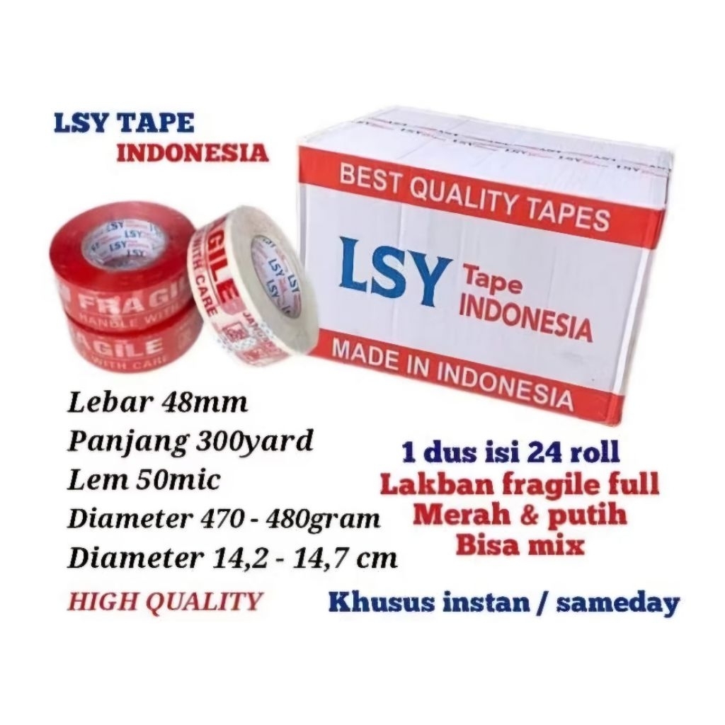 

lakban fragile full merah & putih 300yard 1 dus isi 24 roll LSY TAPE INDONESIA ( CBM )