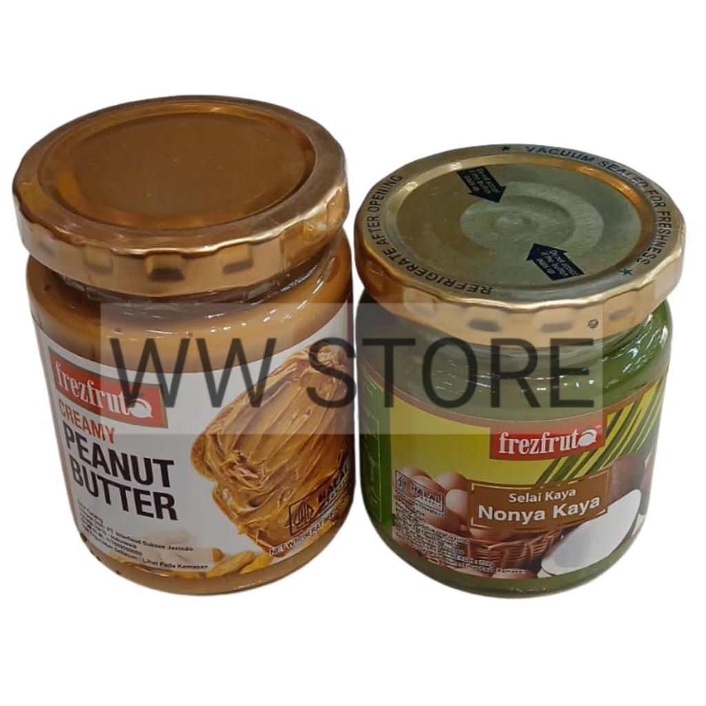 

Olesan selai roti rasa krim kacang tanah serikaya srikaya halal MUI frezfruta CREAMY PEANUT BUTTER 250g / NONYA KAYA 220g dalam kemasan botol kaca