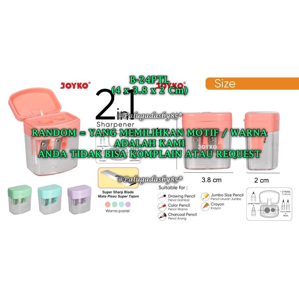

(1 Biji) GROSIR Rautan Tabung JOYKO B-24PTL RANDOM / Sharpener Rautan Serutan Joyko B-24PTL (1 Biji)