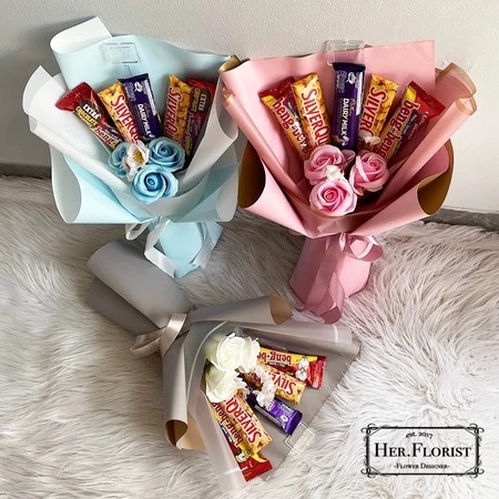 HER.GS [SNACK] Buket Bunga Sabun 3PCS & 5PCS Silverqueen/ Beng-beng/ Dairy Milk/ Bucket Coklat