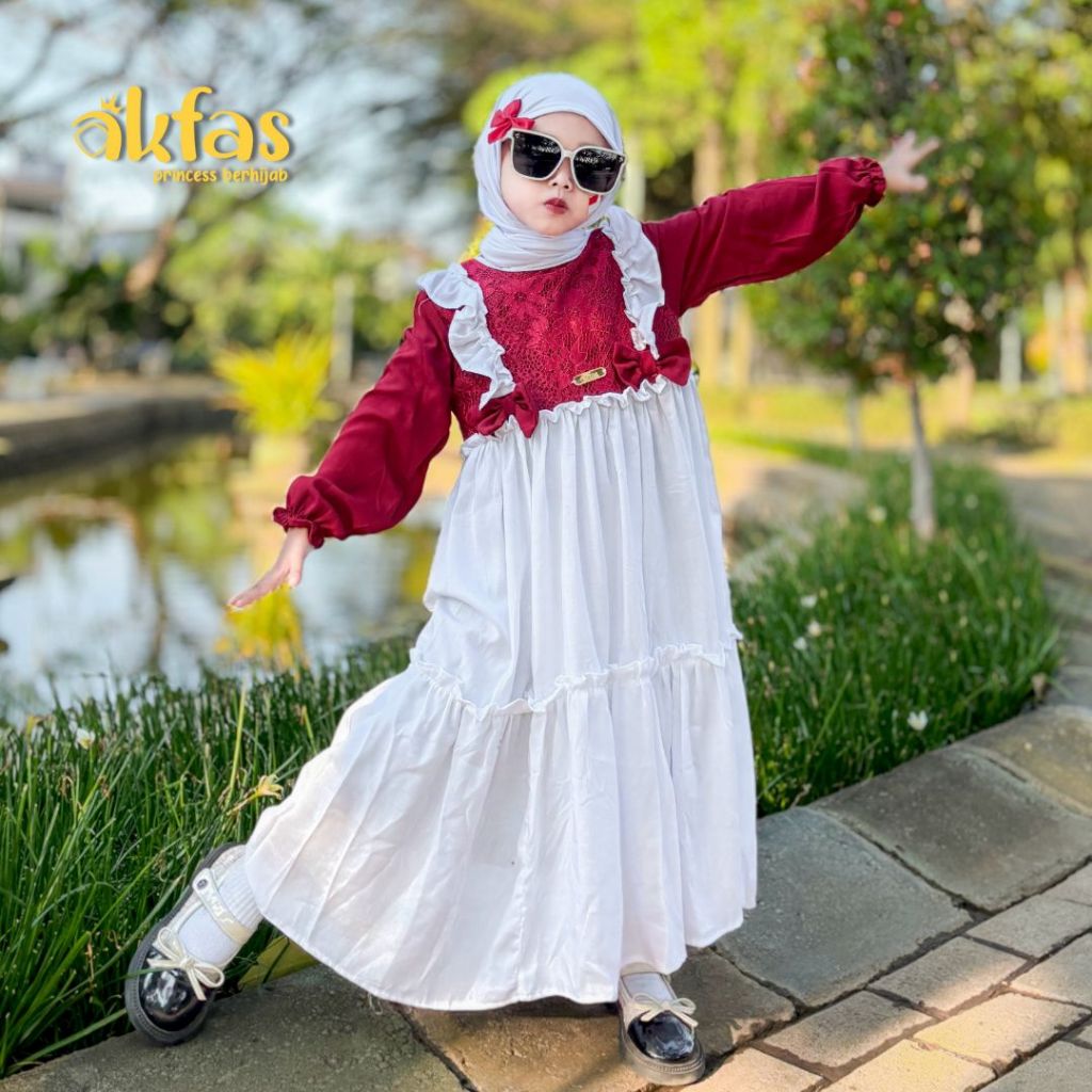 FAVORIT AKFAS - Gamis Anak Brokat Muslimah Merah Putih Baju Anak Perempuan Syari Princess