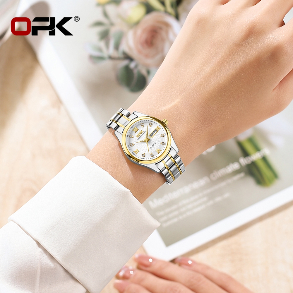 DISKON OPK Jam Tangan Wanita Anti Air Original Stainless Steel Kalender Luminous Emas Women Watch