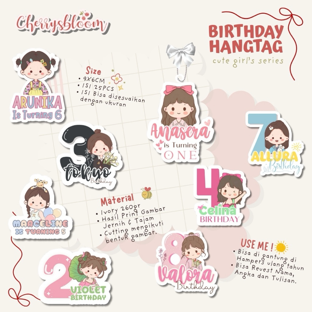 

25PCS HANGTAG ULANG TAHUN / TAG HAMPERS ULANG TAHUN HANGTAG CUTE GIRLS