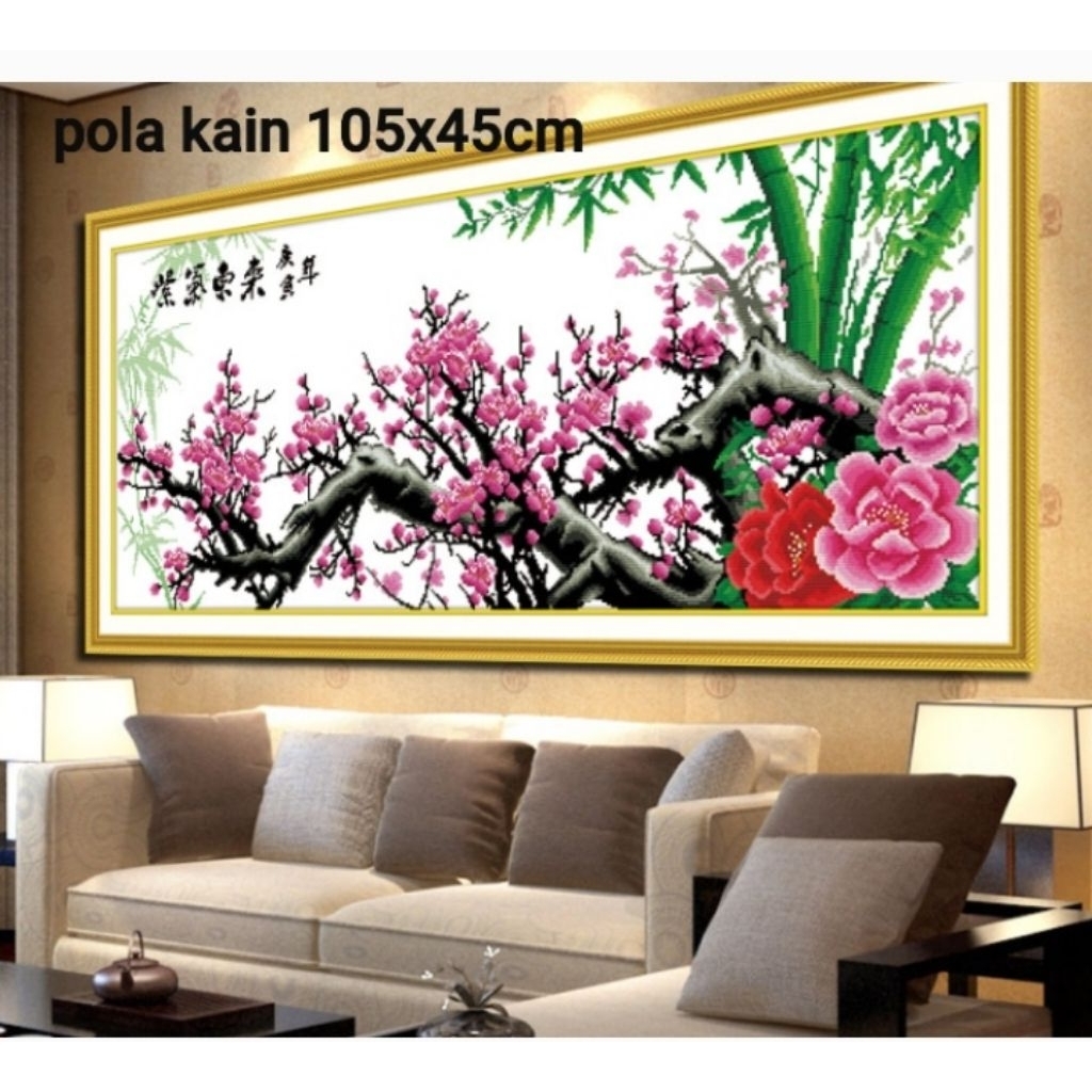 DIY CROSS STITCH KIT KRISTIK BUNGA DAN BAMBOO PAKET POLA KAIN 11CT