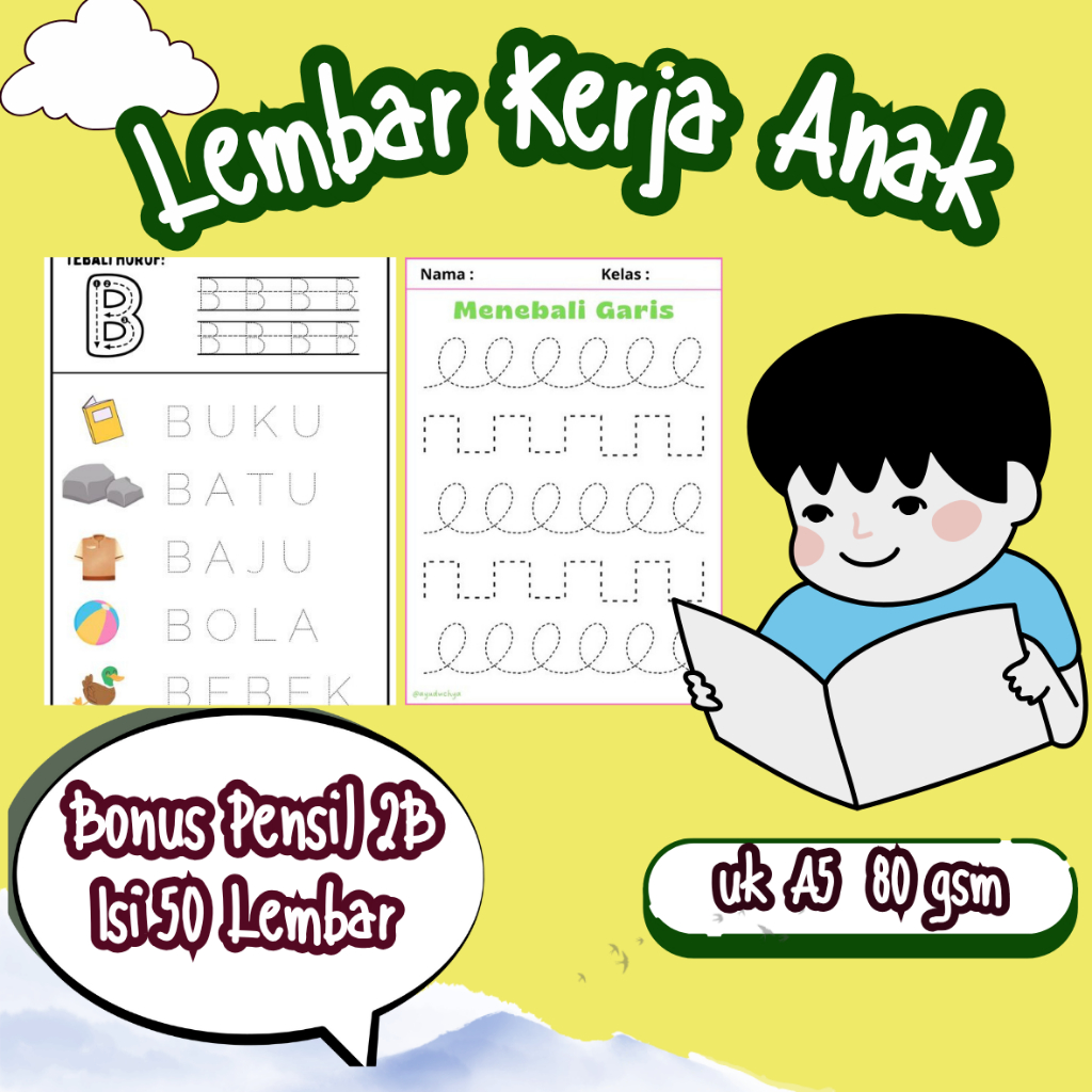 

50 Lembar Worksheet /Lembar kerja anak hijaiyah/ latin/Bahasa inggris/anak TK/SD bonus pensil 2B