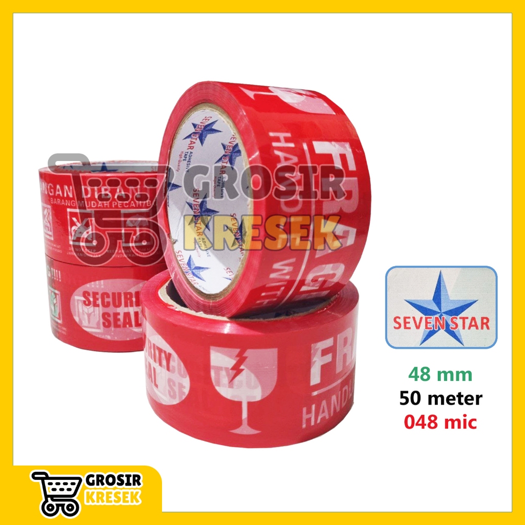 

[36 Pcs] T193 Lakban Fragile Merah SEVEN STAR 48mm 50 meter 048mic - Tape Plester Motif Jangan Dibanting Handle With Care