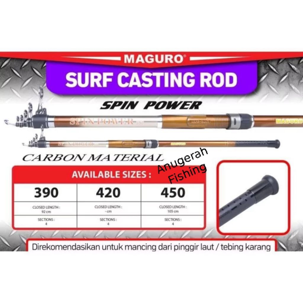 Joran Maguro SPIN POWER 390 | 420 | 450 CM | Surf Casting | Laut | Antena | Teleskopik | Alat pancin