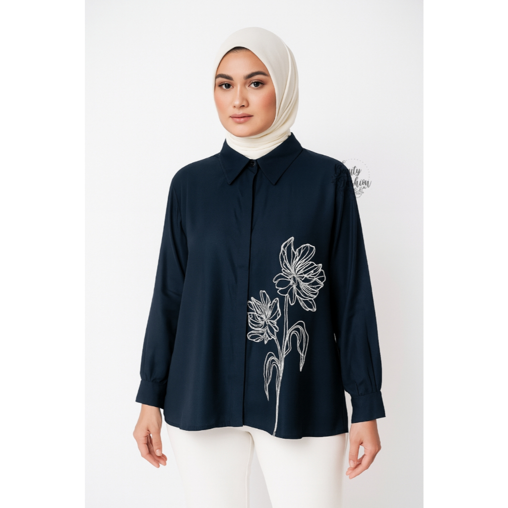 Kemeja Bordir Wanita Terbaru ADIVA Mat Rayon Twill Motif Embroidery Premium
