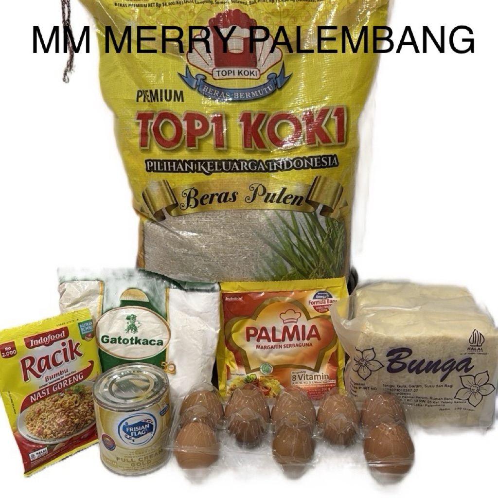 

PAKET SEMBAKO 6 (TOPI KOKI 10kg , 1bks Racik Nasi Goreng, 1/2kg tepung gatot kaca, 1klg susu bendera gold, 1bks simas palmia, 1/2kg telur, 1bks Roti Tawar)