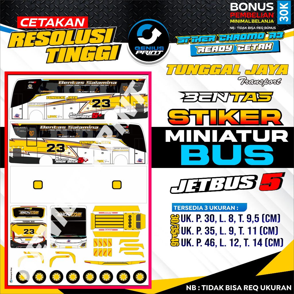 Stiker Miniatur Bus [ JETBUS 5 ] Livery TUNGGAL JAYA Transport