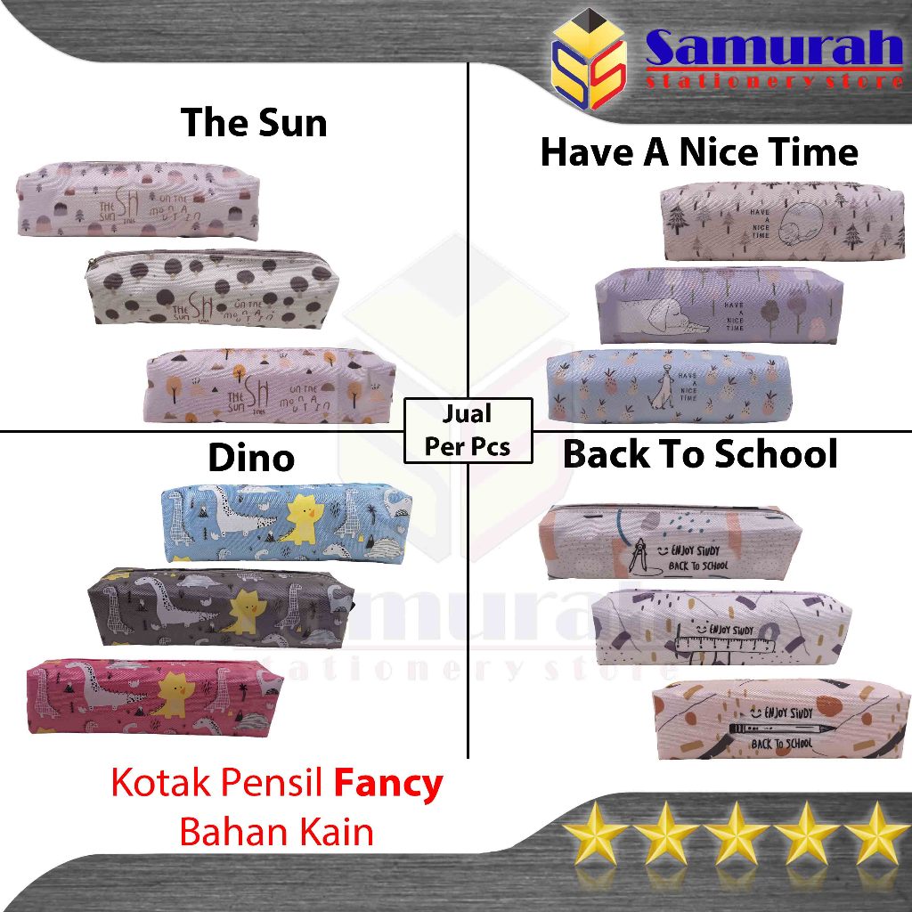 

Kotak Pensil Kain Seleting Fancy Premium / Pensil Case Varian Fancy Anak Motif Lucu + Box Mika Gambar Dino - Back To School - Have A Nice Time - The Sun