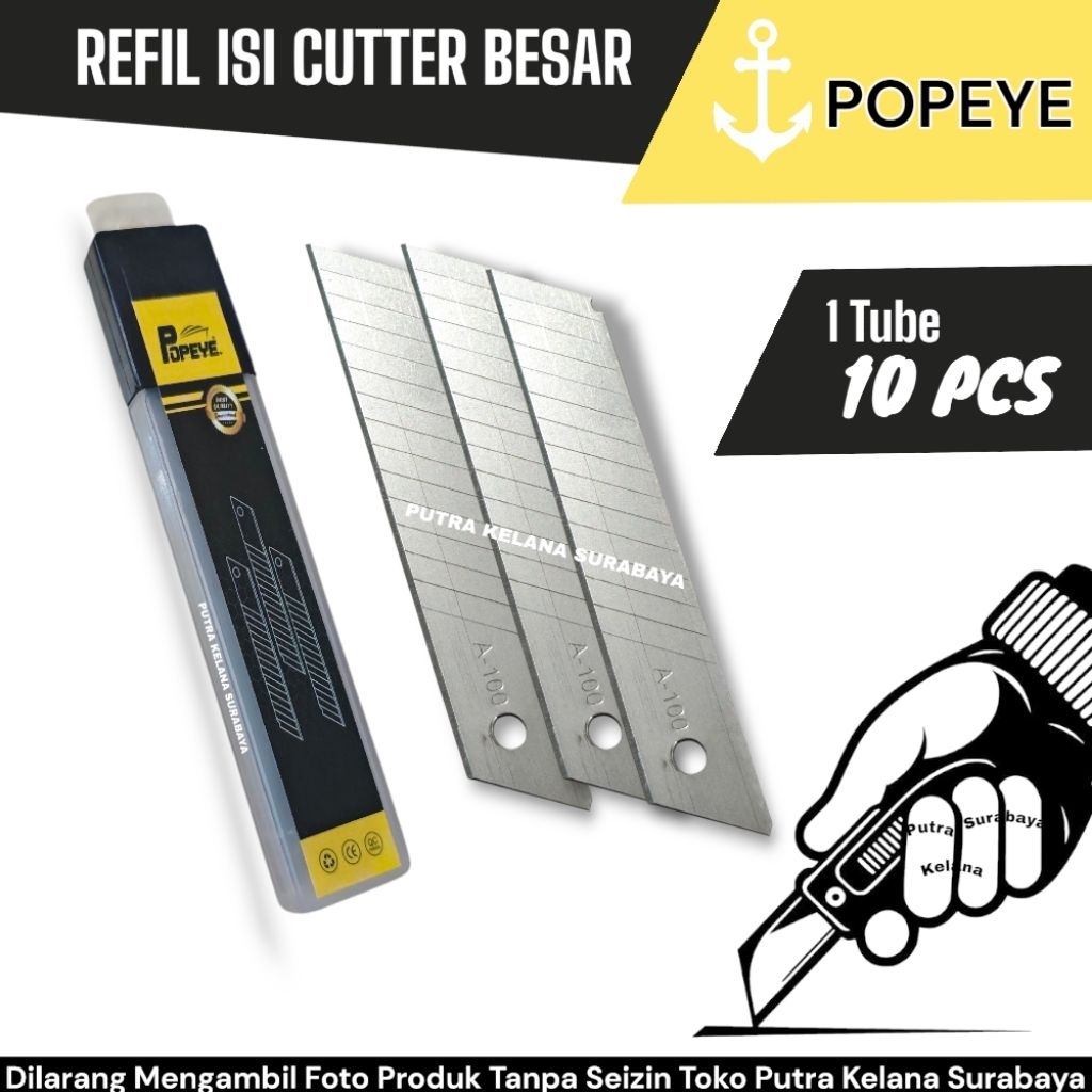 

[ 1 TUBE /10 PCS ] Refil cutter Besar POPEYE | ISI ULANG PISAU CUTTER BESAR POPEYE 10 Pcs | Refil Pisau Cutter Ukuran Besar 10 Pcs
