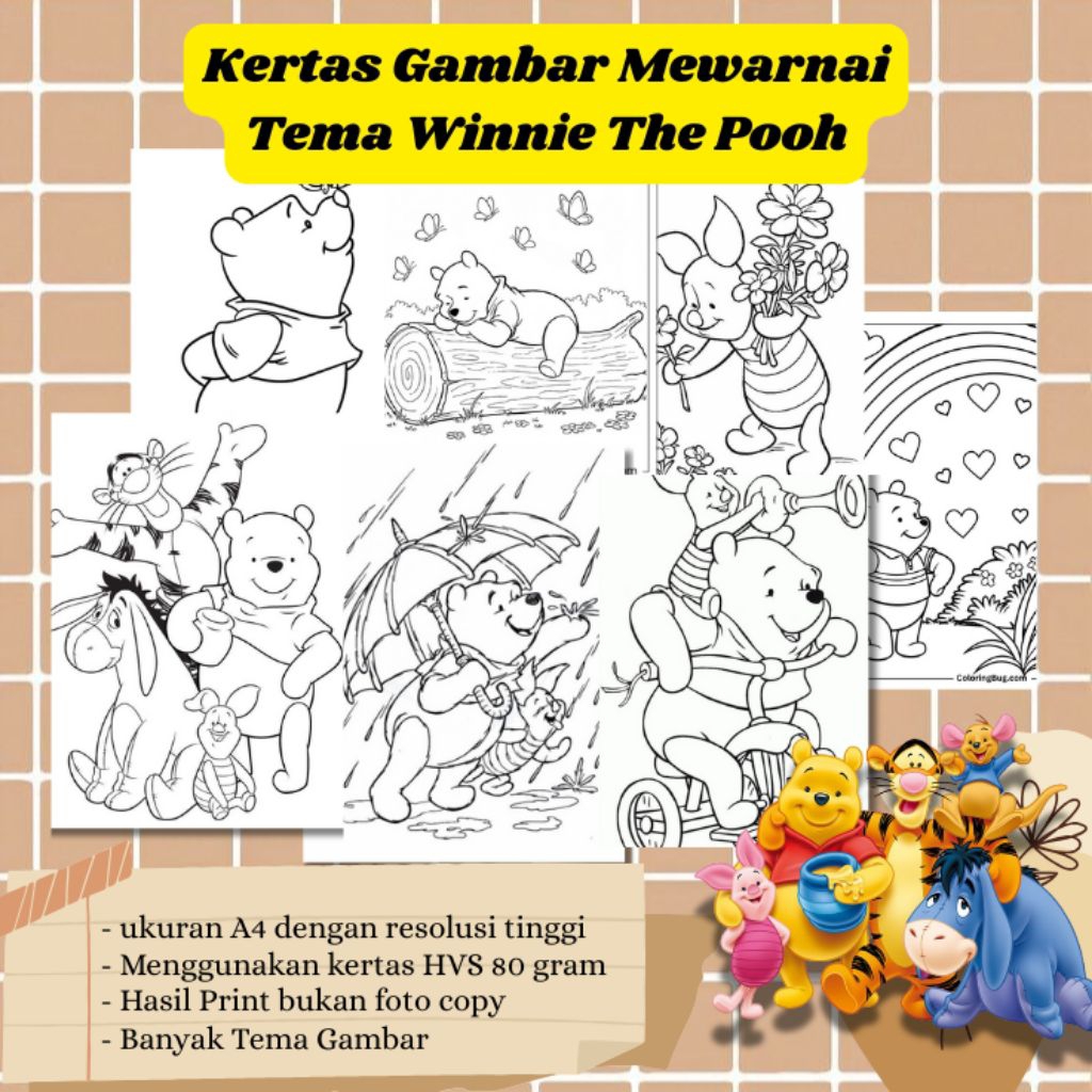 

20 LEMBAR KERTAS MEWARNAI ANAK TEMA WINNIE THE POOH (READY LANGSUNG KIRIM)