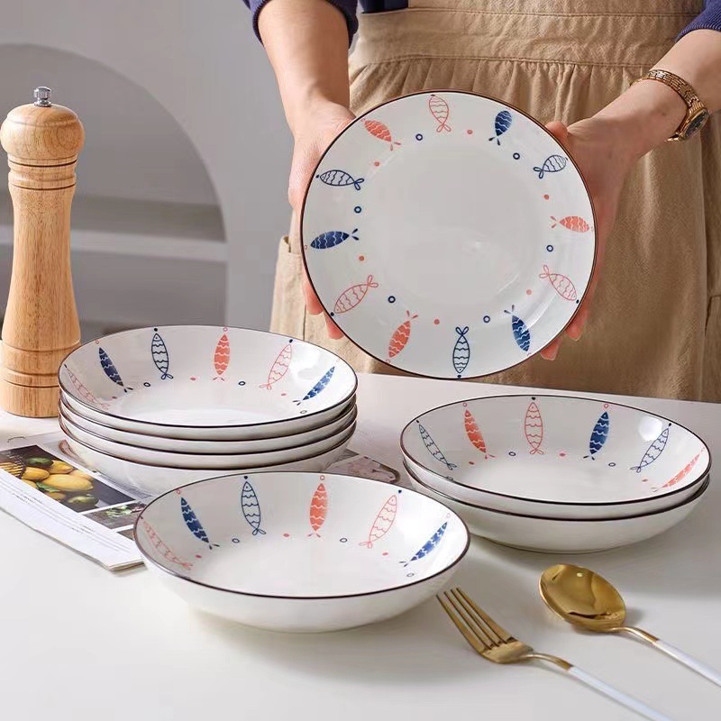 ASHOME Piring Keramik Makan Motif FRANC Series Blue fish / Piring Makan Jepang / Piring Makan Motif 